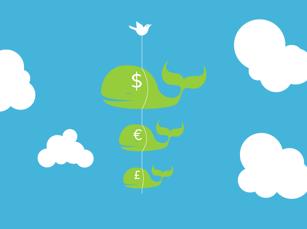 tre valar med valutasymboler på och som bärs upp av en twitter-fågel