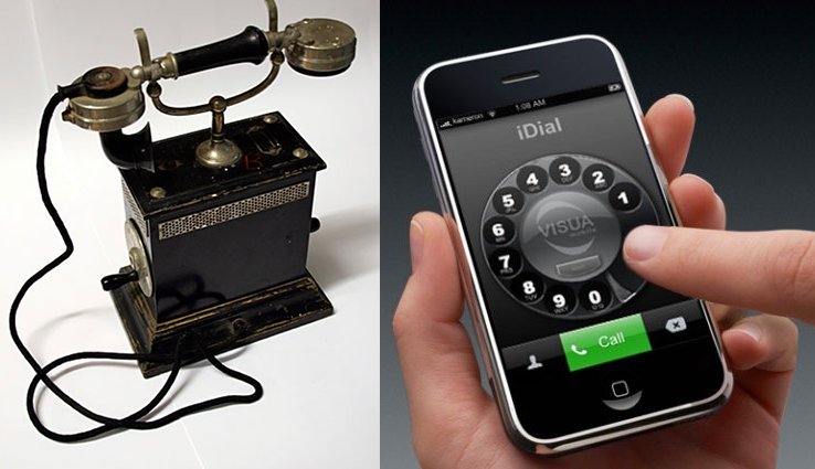 en antik telefon och en iphone
