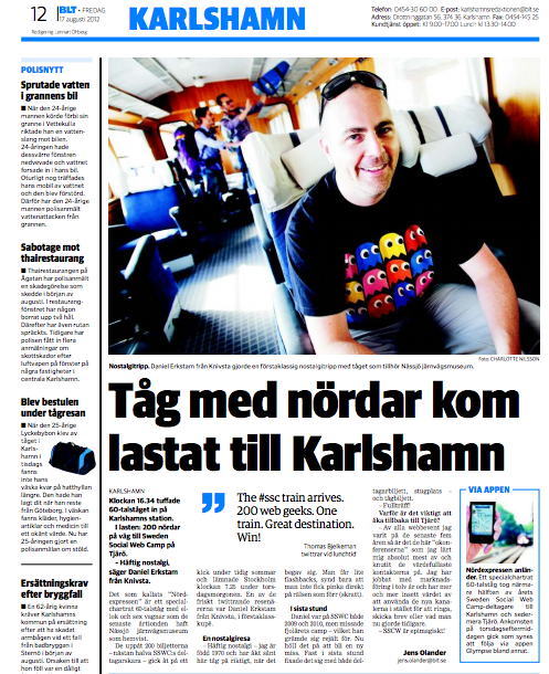 skärmdump av sidan 12 i BLT 17/8 rubriken lyder Tåg med nördar kom lastat till Karlshamn